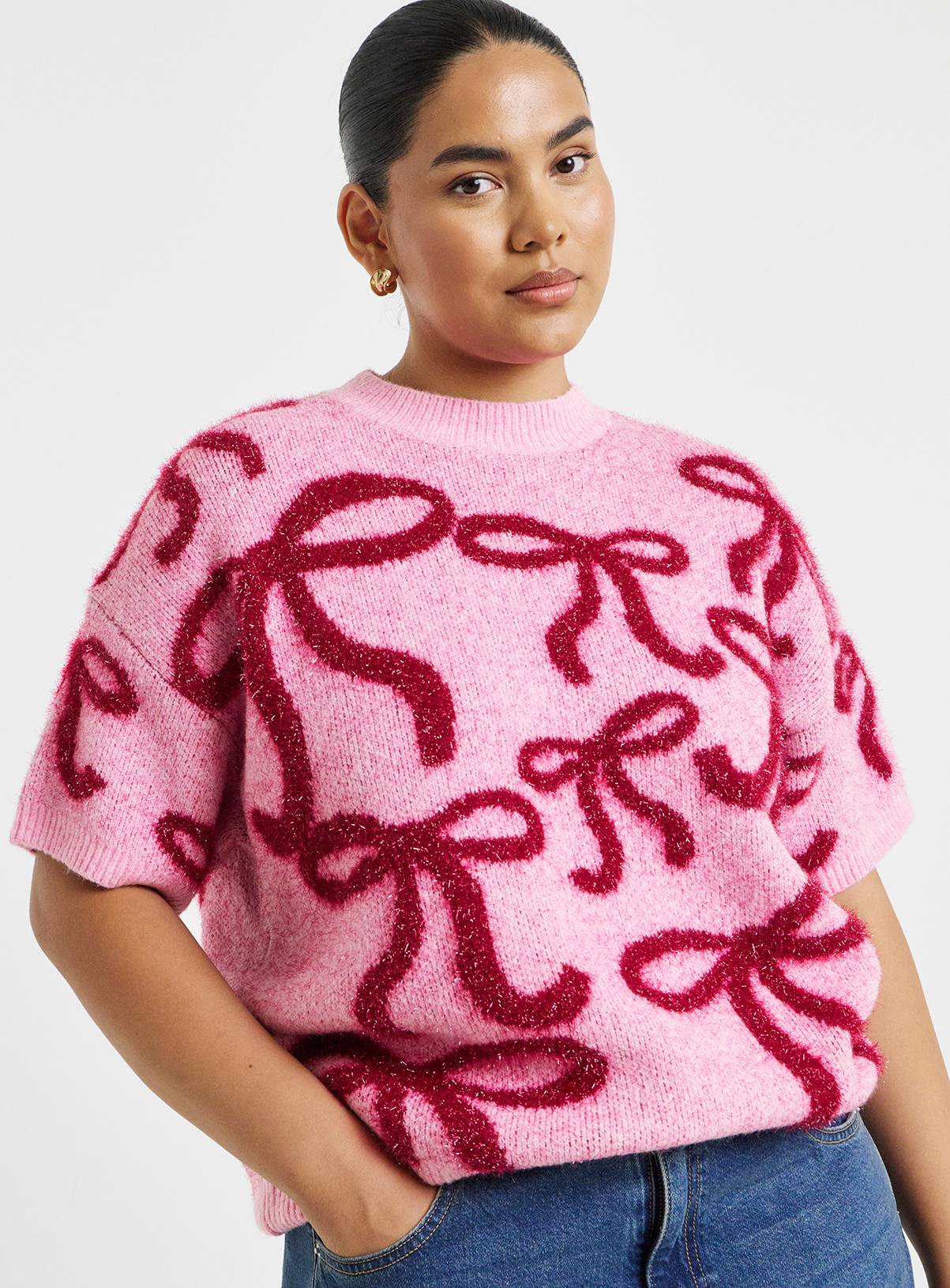 SIMPLY BE Tinsel Bow Short Sleeve Jumper 8-10 - Image 3